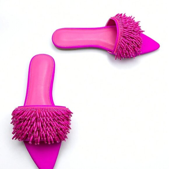 Hot Pink Funky Women's Beaded And Embroidered Pink Tassel Flat Sandals - Picture 4 of 4